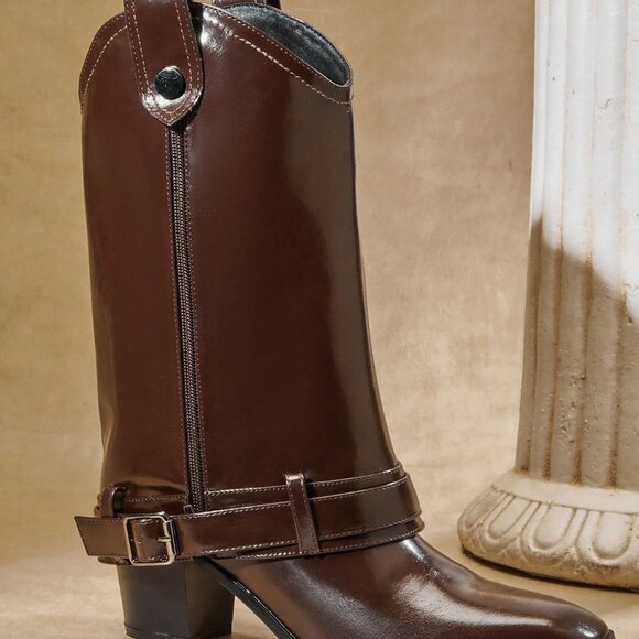 Chocolate Brown Casual Women's Block Heel Mid-Calf Boots - Picture 6 of 6